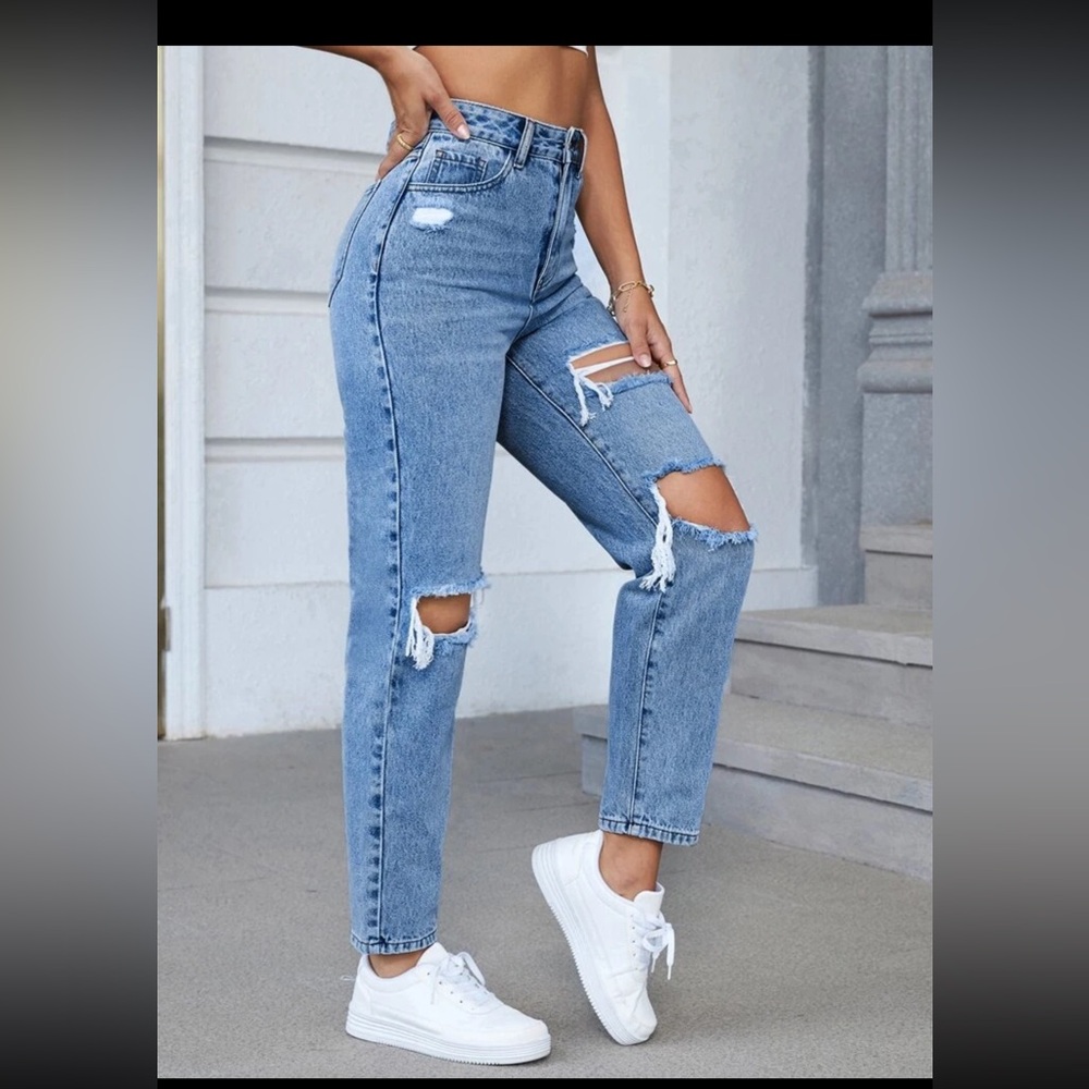 SHEIN EZwear SpringHigh Waist Ripped Tapered Jeans